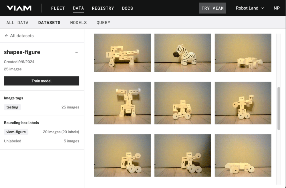 The datasets subtab of the data tab in the Viam app, showing a custom 'viam-figure' dataset of 25 images, most containing the wooden Viam figure